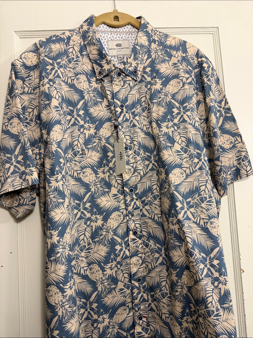 Report Collection Resort Blue & Cream Tropical Print Short Sleeve Shirt
